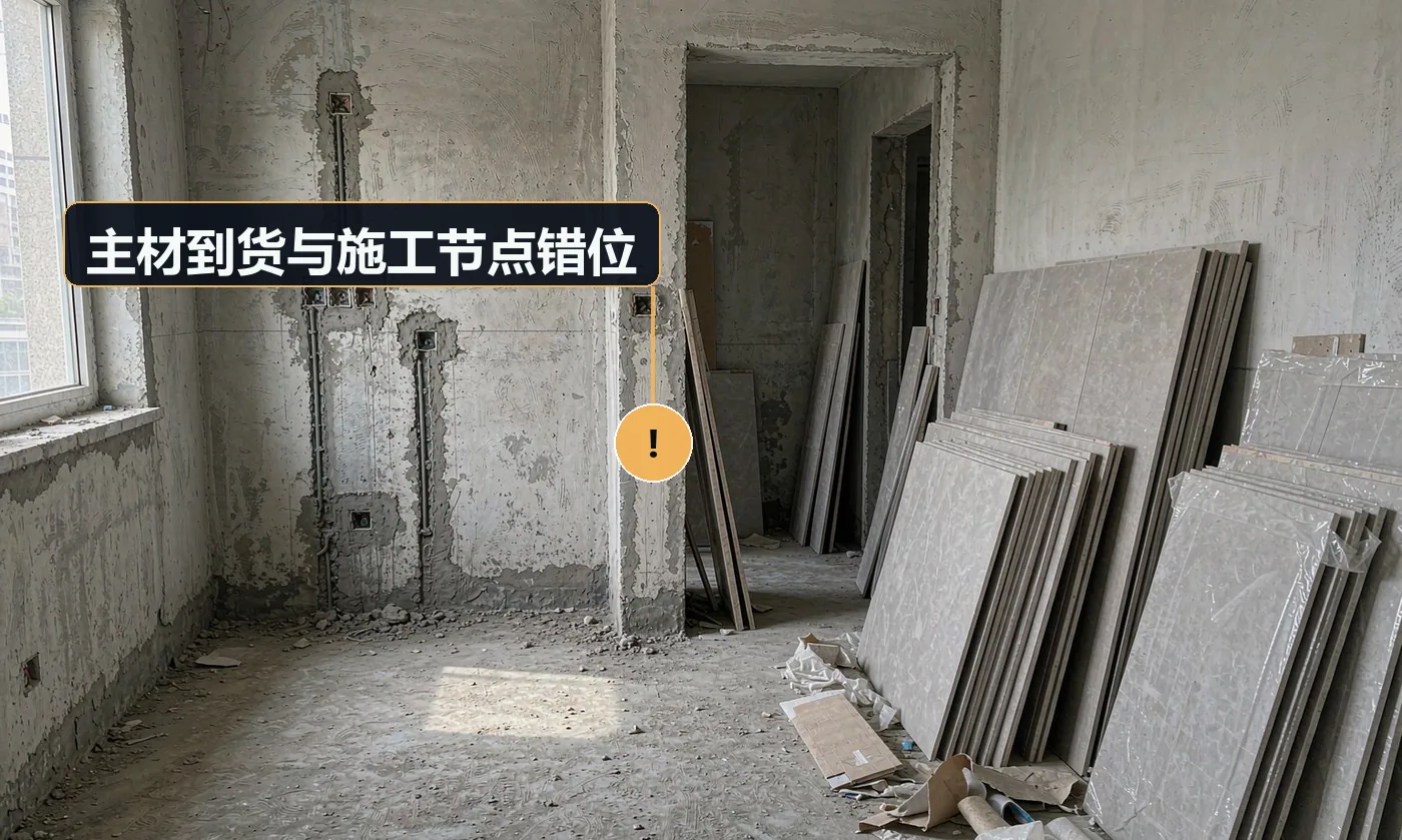 现象:瓦工到了砖没到,木工到了门没到,工序一个接一个往后压。原因:主材采购计划未与施工计划联动;业主按自己节奏买;无节点倒排