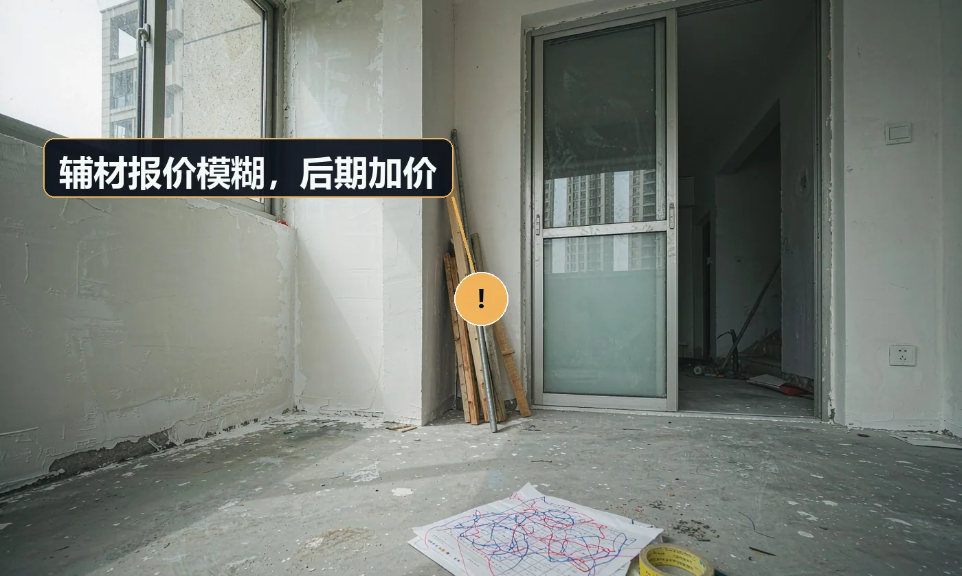 现象:报的时候说辅材全包,干起来说这个不含那个要加钱。原因:报价单辅材项用「等」「其他」概括;防水、找平、挂网等易漏项