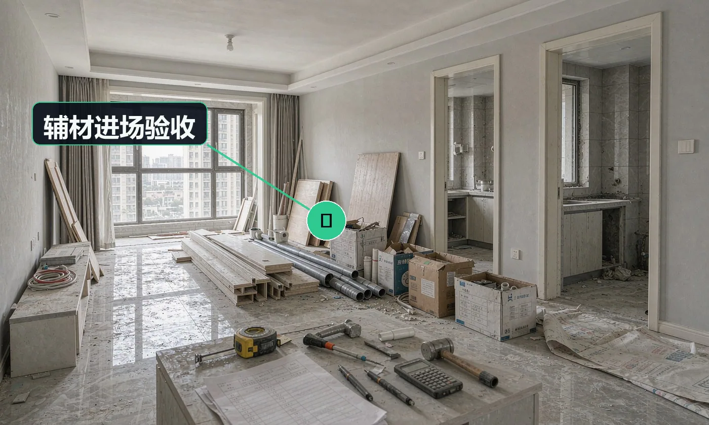 检查方式:对照报价单核品牌、型号、规格、执行标准与环保证明。合格标准:与封样样板一致,辅材证明资料归档