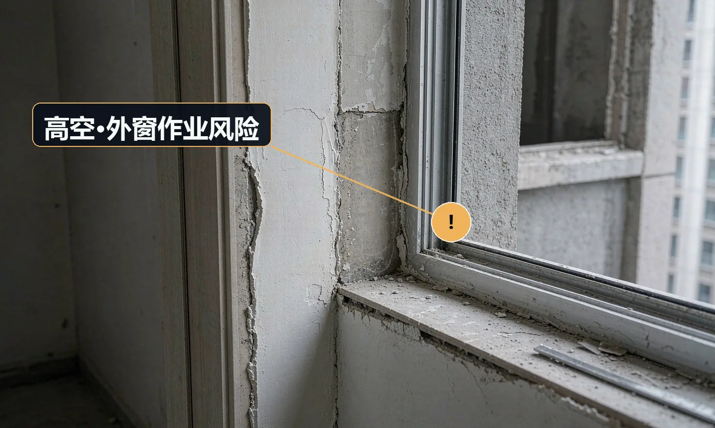 现象:探身出窗外擦玻璃,工具坠落砸到楼下车辆。原因:无安全带与警戒措施;窗户无防护栏仍强行探身