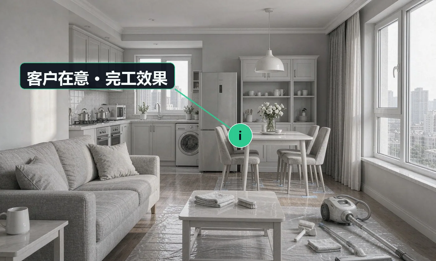 客户在意 · 完工效果:含不含窗户、柜内、家电内部,还是只擦明面;会不会把地板、家具弄坏,有没有保险