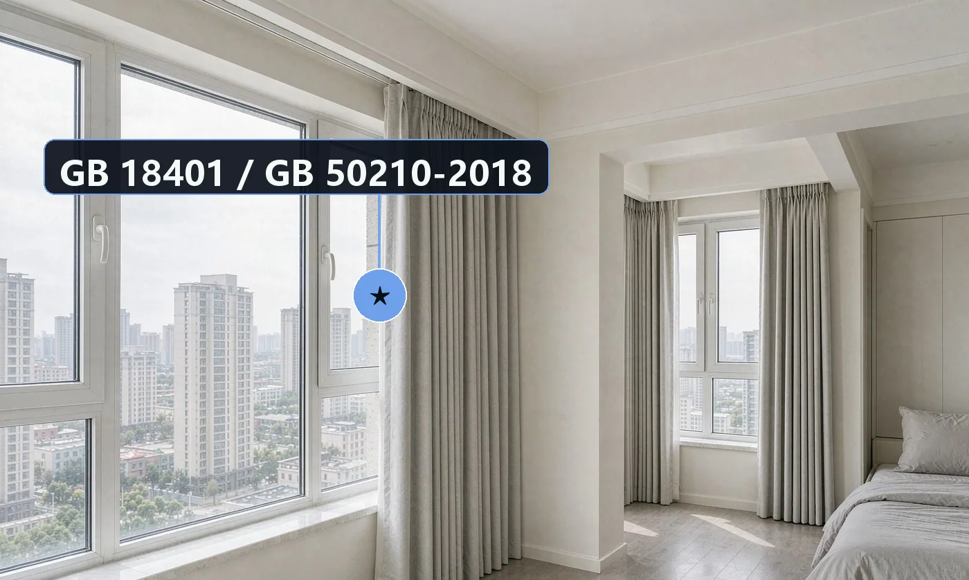 底线规范:GB 18401《国家纺织产品基本安全技术规范》—— 窗帘布料安全类别要求(以现行有效版本为准);GB 50210-2018《建筑装饰装修工程质量验收标准》—— 安装牢固与成品保护要求