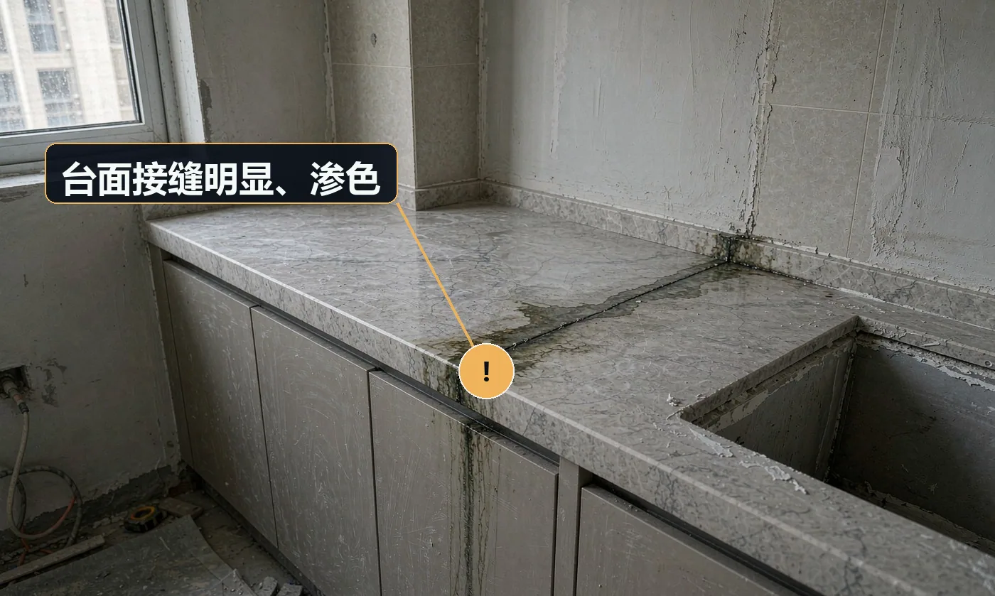 现象:两块台面拼接处有黑缝,脏污渗进去擦不掉。原因:拼接未打磨抛光;未使用专用接缝胶;接缝位置安排在显眼处