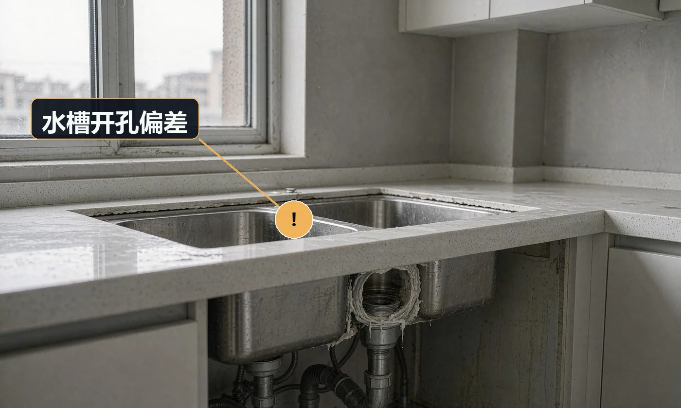 现象:水槽放不进开孔,或装好后周边渗水到柜内。原因:按标称尺寸开孔未拿实物比对;未做止水槽;密封胶打得不连续