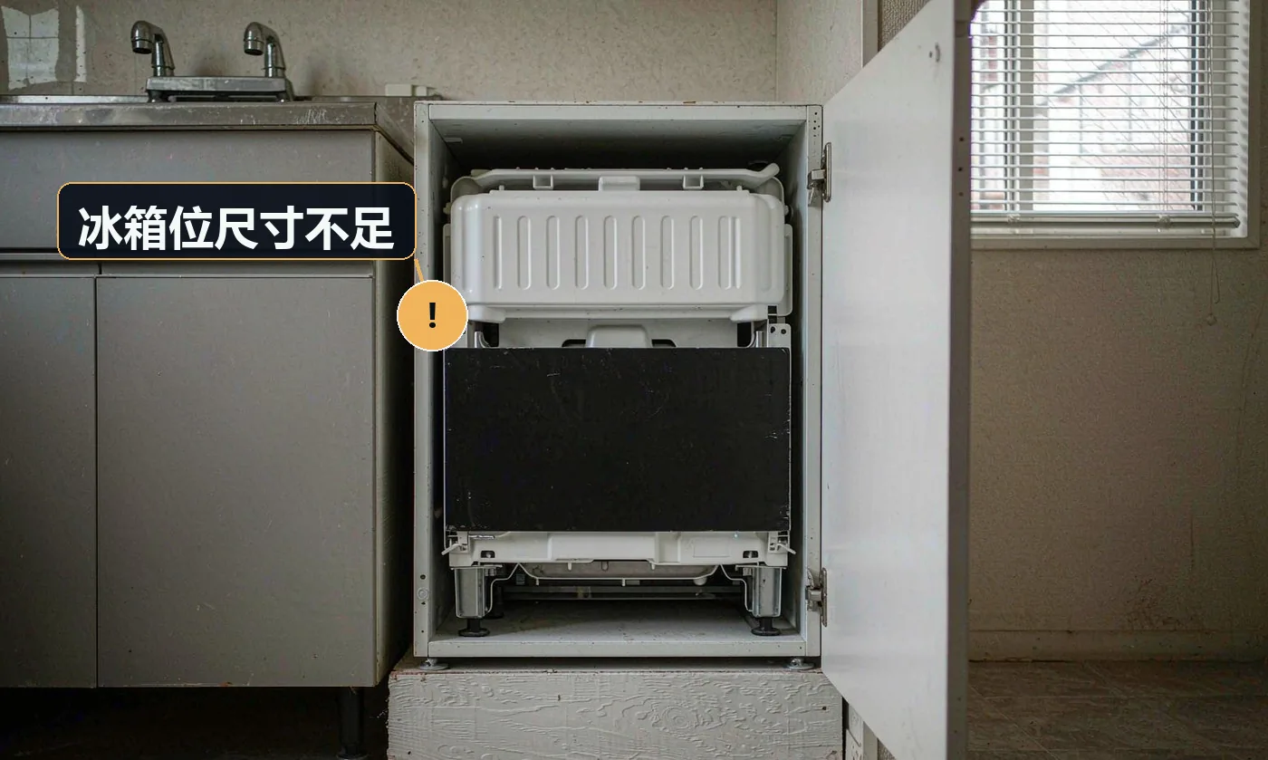 现象:冰箱放不进预留位,或凸出台面、门打不开。原因:按标称尺寸预留未考虑散热间隙与开门半径