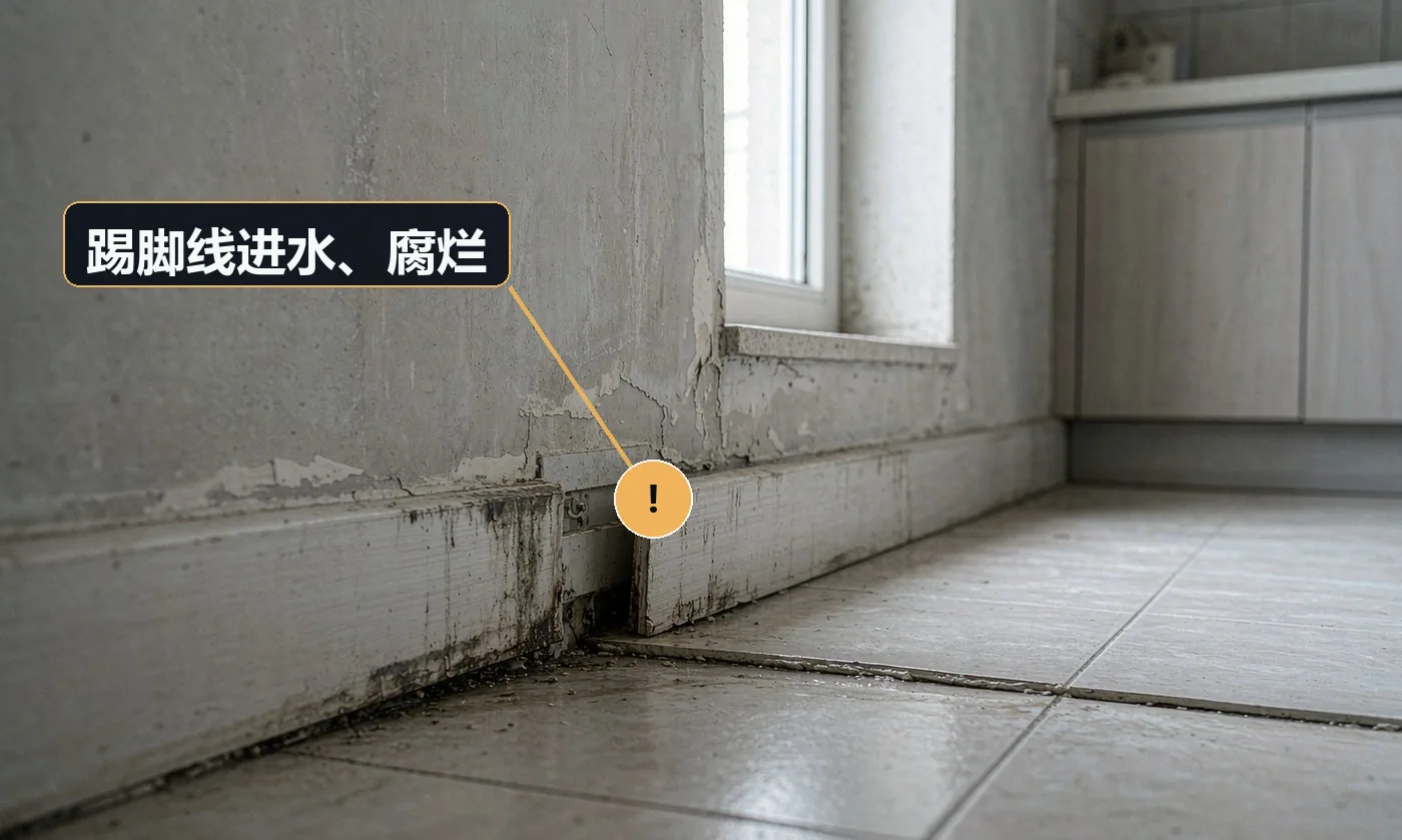 现象:橱柜底部踢脚线受潮膨胀、脱皮。原因:使用木质踢脚线直接落地;未做防水处理;拖地积水未及时清理