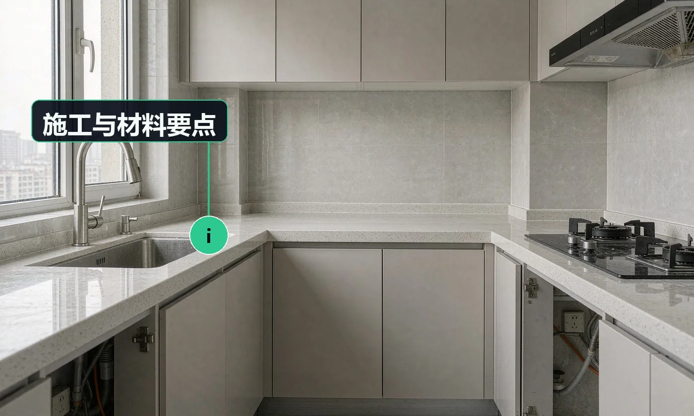 施工与材料要点:先定厨房动线(洗 – 切 – 炒),再定柜体;动线错了再好的柜子也难用;水电位必须照橱柜设计图施工,这是厨房局改最容易错的环节