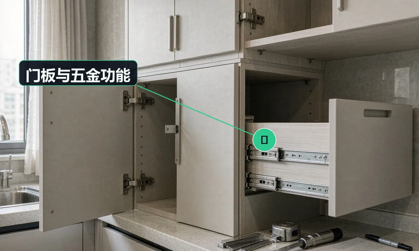 检查方式:逐件开合 + 塞尺。合格标准:门缝均匀、开合顺畅、无异响;拉篮无卡滞;五金为不锈钢或防锈处理