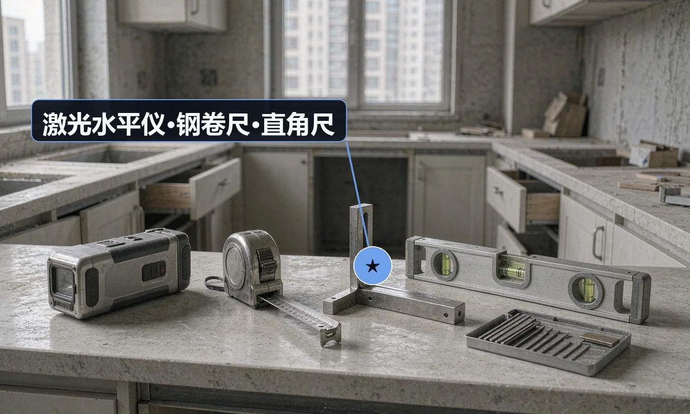 验收工具:激光水平仪;钢卷尺(复尺)