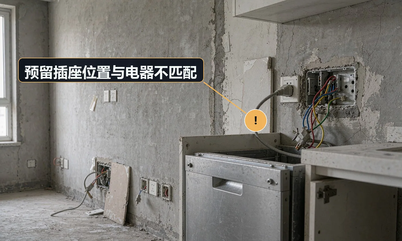 现象:插头被机器挡住插不进,或电线横穿机器背面。原因:改电阶段未确定电器型号;插座位置按经验预留