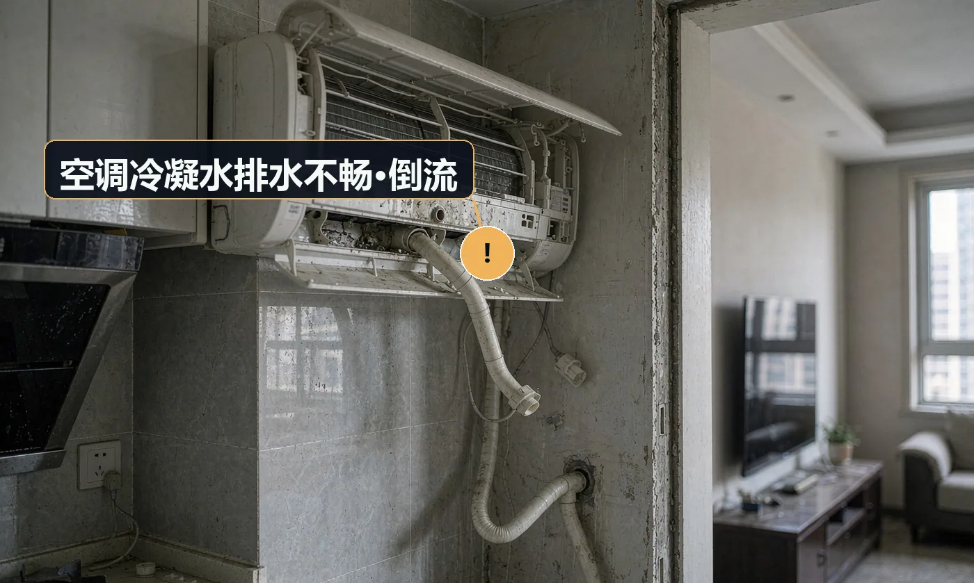 现象:室内机滴水、墙面洇湿,或水排不出去倒流回室内。原因:排水管无坡度或反坡;未接入外排;排水管被压扁