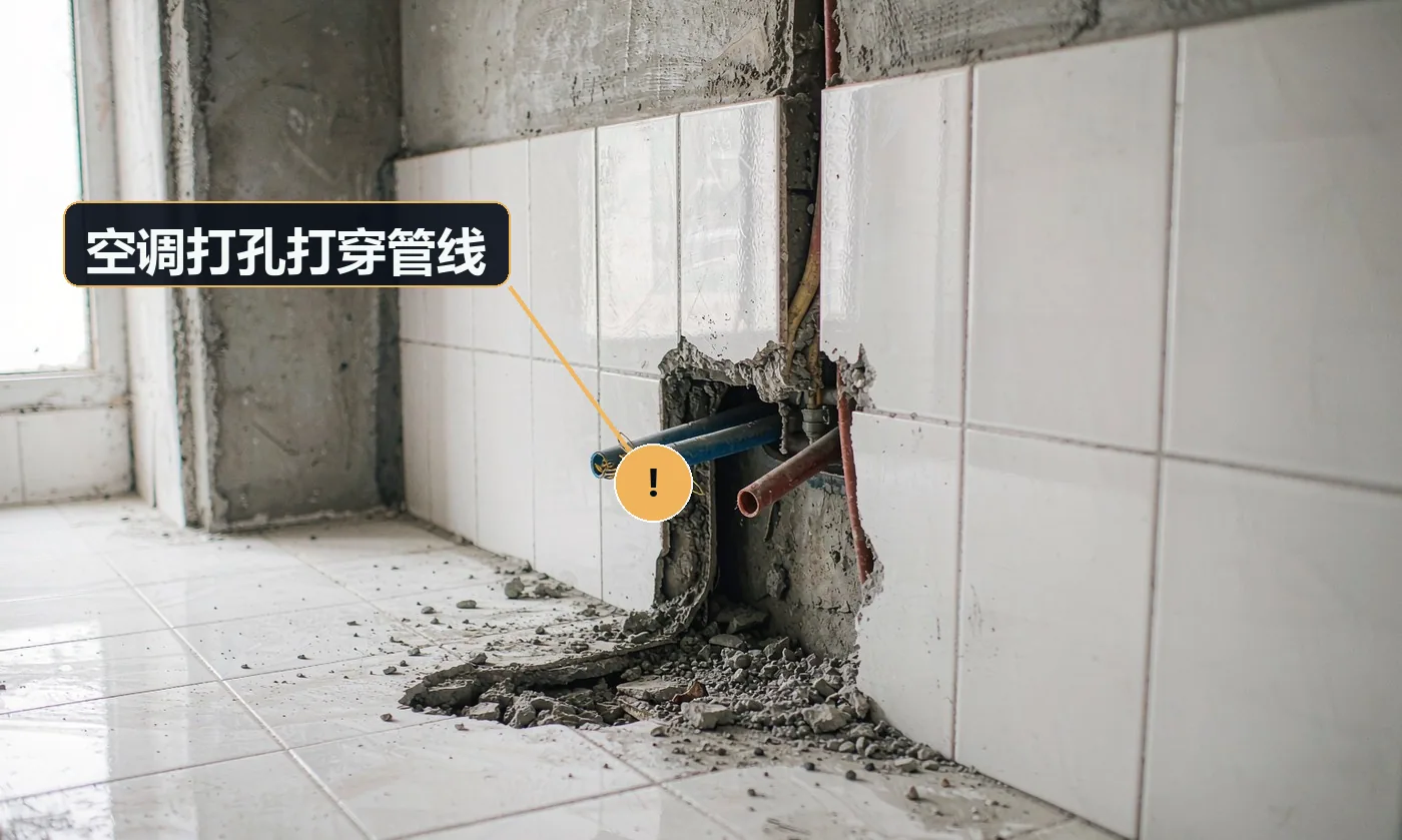 现象:打孔后墙里渗水或跳闸。原因:未探测墙内管线走向;凭经验定位