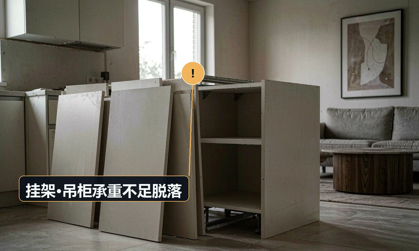 现象:烟机、热水器或吊柜使用一段时间后下垂甚至掉落。原因:固定在轻质隔墙或空鼓瓷砖上;未使用承重基层或专用锚栓;螺栓规格偏小
