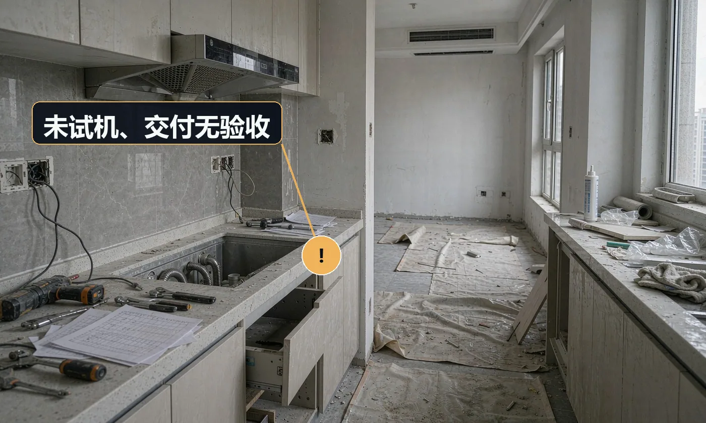 现象:安装师傅走了才发现不制冷、不打火、有异响。原因:赶场,装完即走;无验收环节