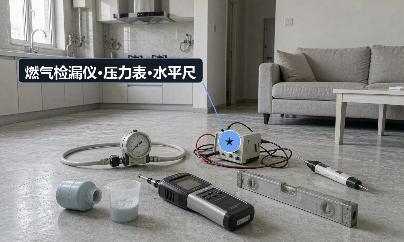 验收工具:燃气检漏仪(含肥皂水复核);压力表