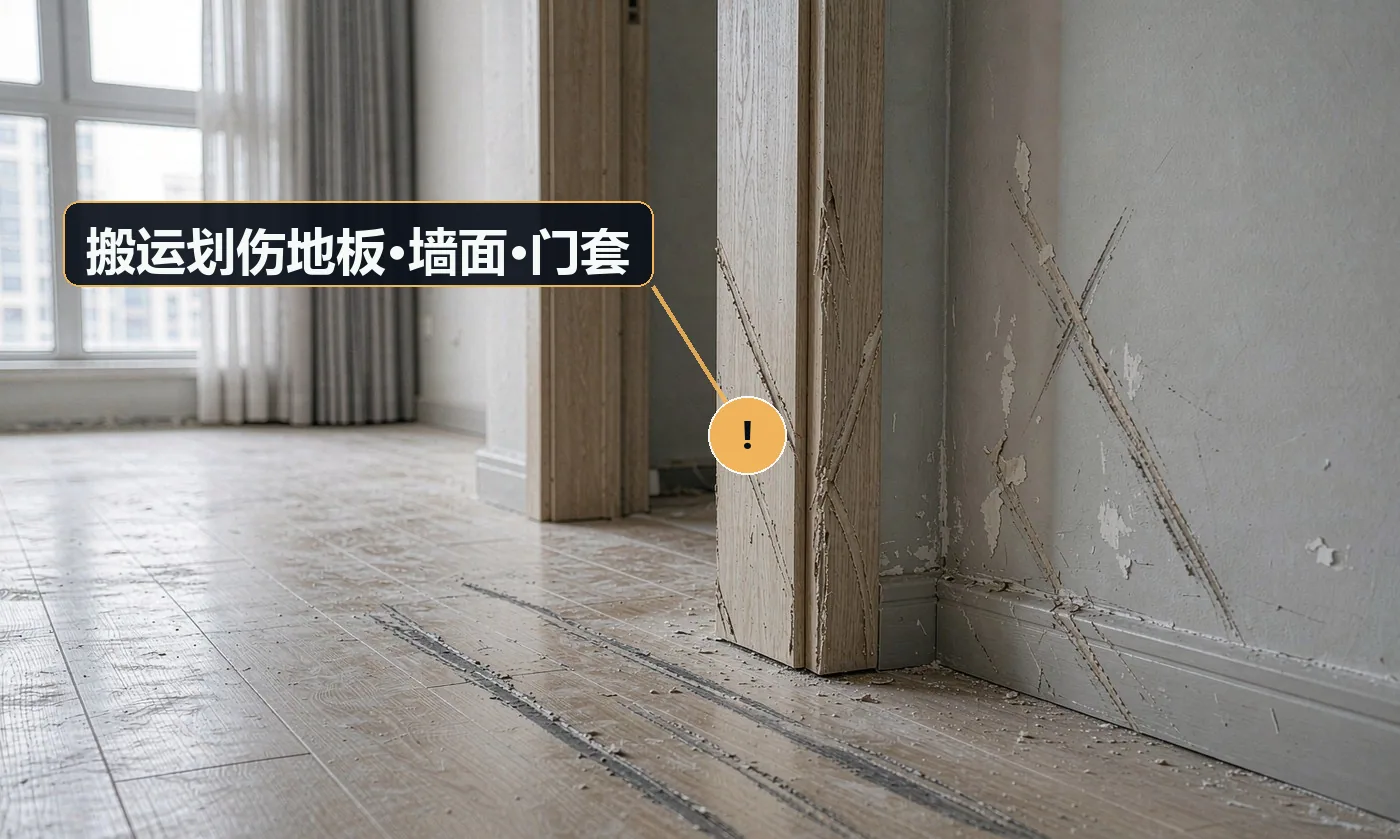 现象:搬完后发现地板有长划痕、墙角被磕掉一块。原因:未铺垫保护通道;无护角护垫;单人硬拖