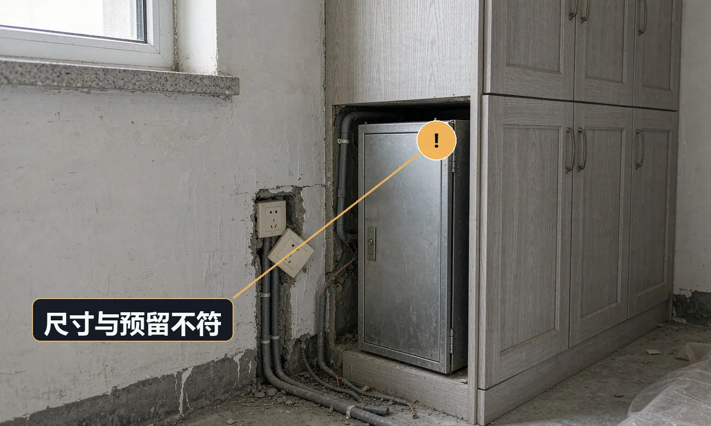 现象:柜子放好后挡住插座、或与门套打架。原因:下单前未核对现场尺寸与插座点位