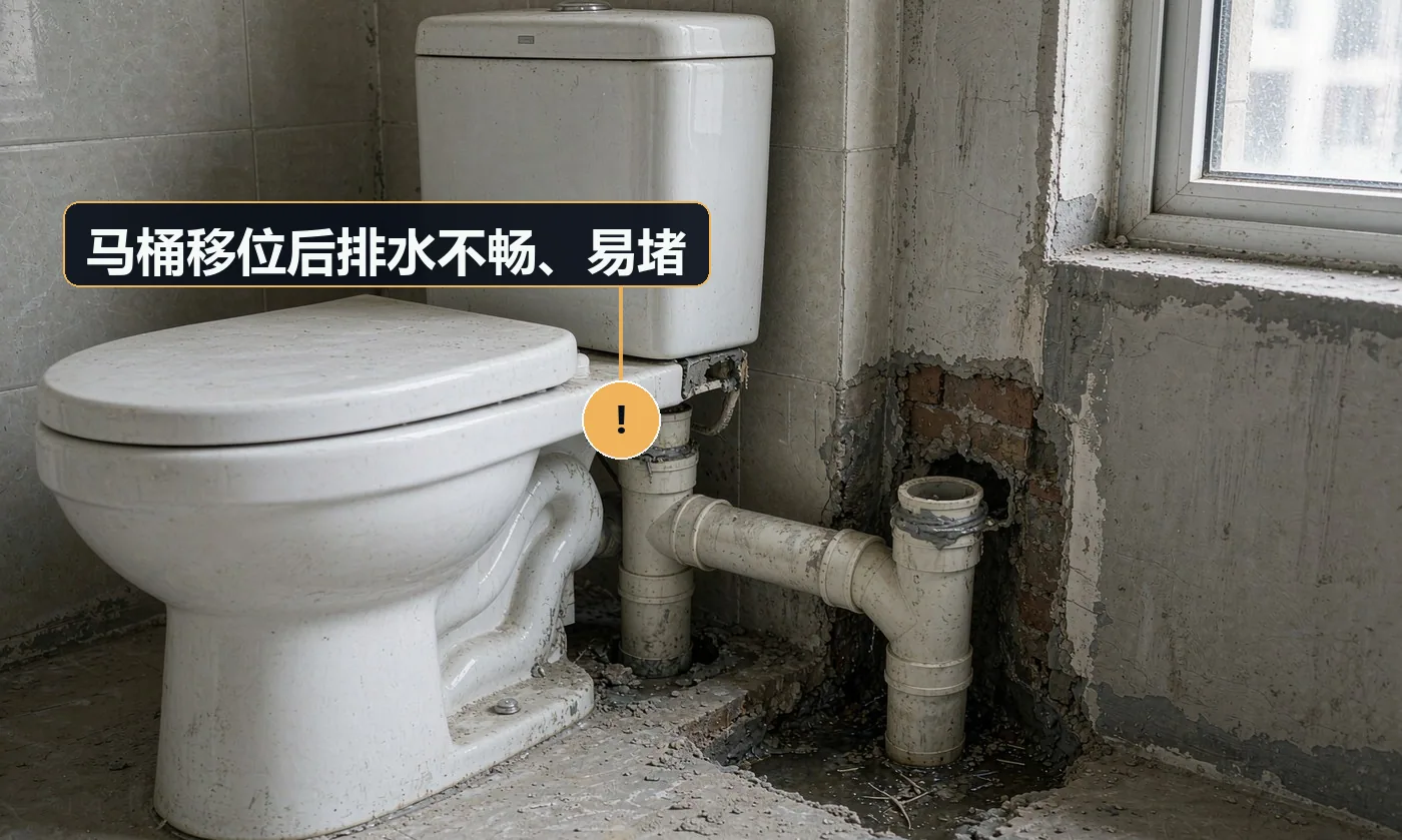 现象:冲水无力、频繁堵塞,甚至返水。原因:使用移位器且移位距离过长;排水管坡度不足;管径变小