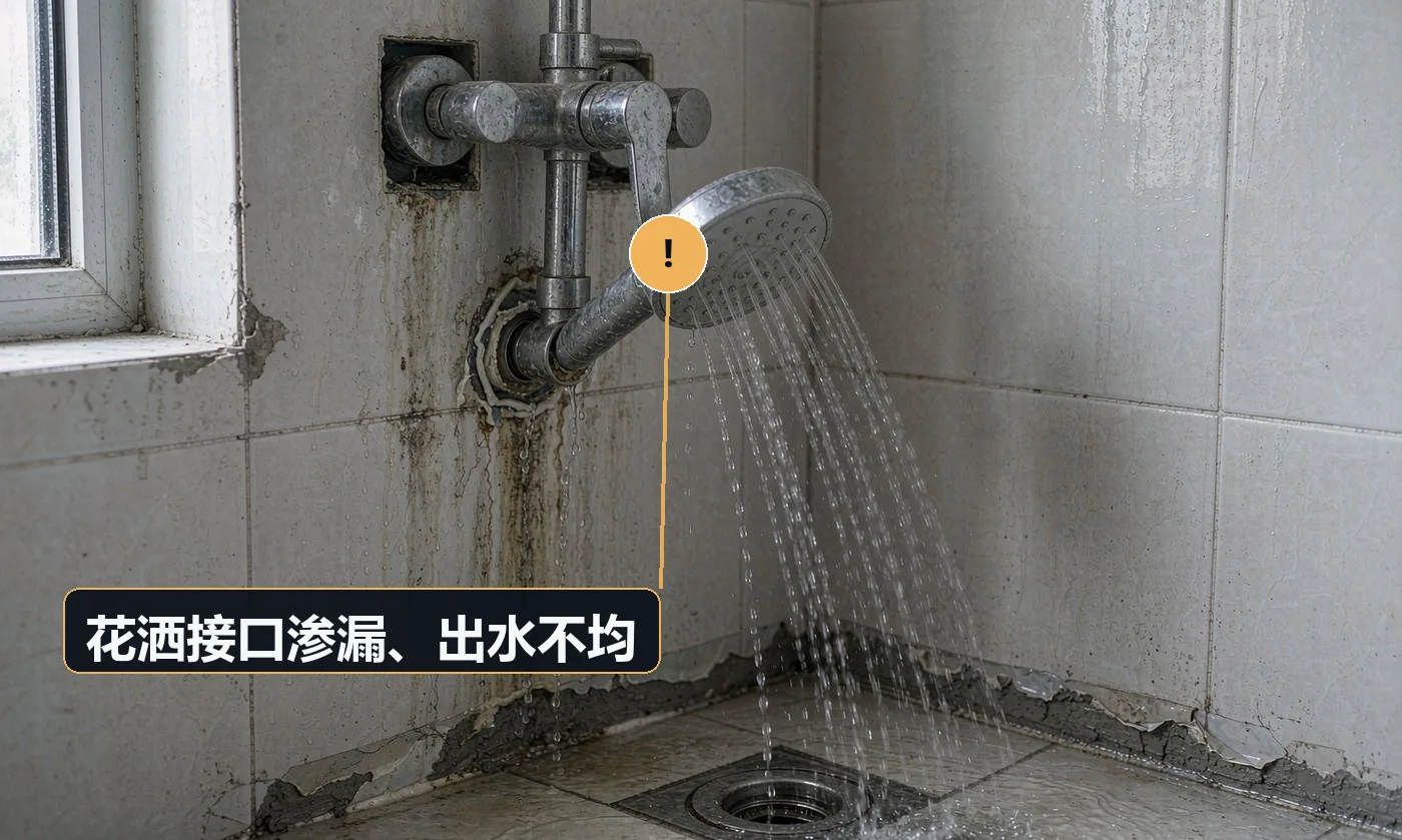 现象:花洒接口滴水,或出水呈扇形不均匀。原因:生料带缠绕方向错误或圈数不足;混水阀进出水接反;软管内胶垫缺失