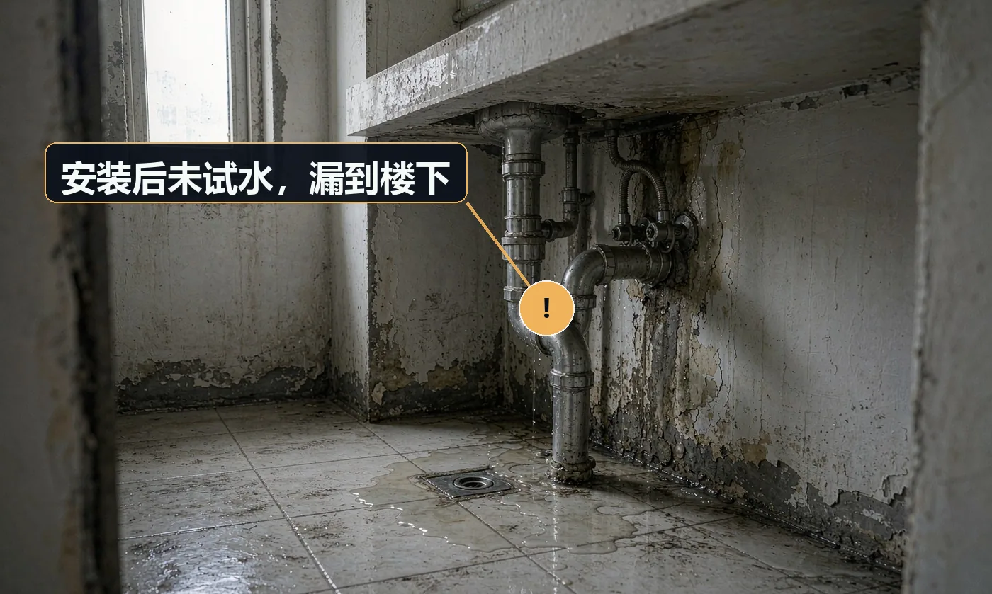 现象:交付几天后楼下天花板出现水印,邻居上门投诉。原因:安装后未做试水与观察;接口未拧紧;闭水试验未做或做而不看