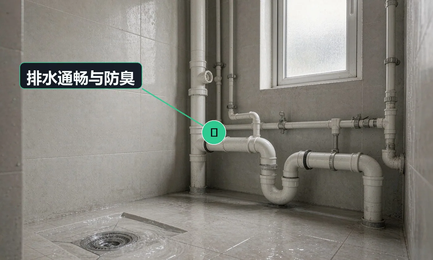 检查方式:满水快排 + 目视 + 嗅辨。合格标准:排水顺畅无返溢;存水弯 / 防臭地漏完整有效,无返臭