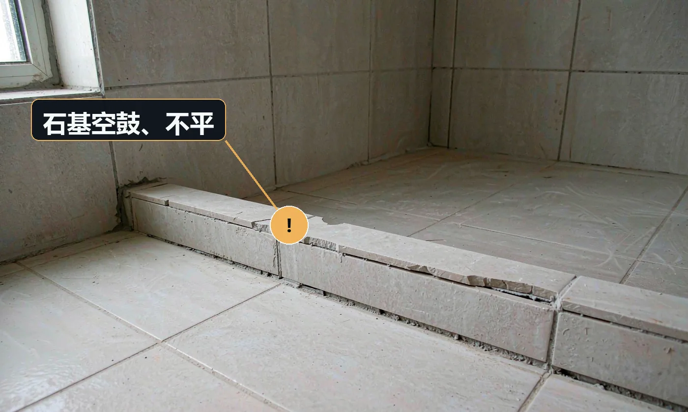现象:踩在石基上有空鼓声,或玻璃门装上去歪斜。原因:石基底部坐浆不满;地面未找平就安装