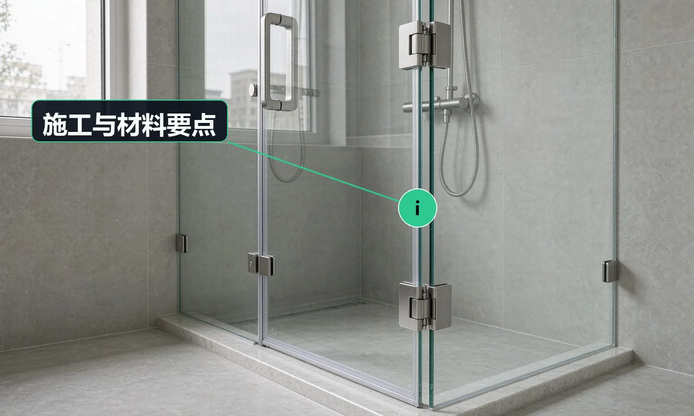 施工与材料要点:淋浴房只看两件事:玻璃认证 + 五金手感;干湿分离是卫生间局改的关键一步,能显著提升使用体验