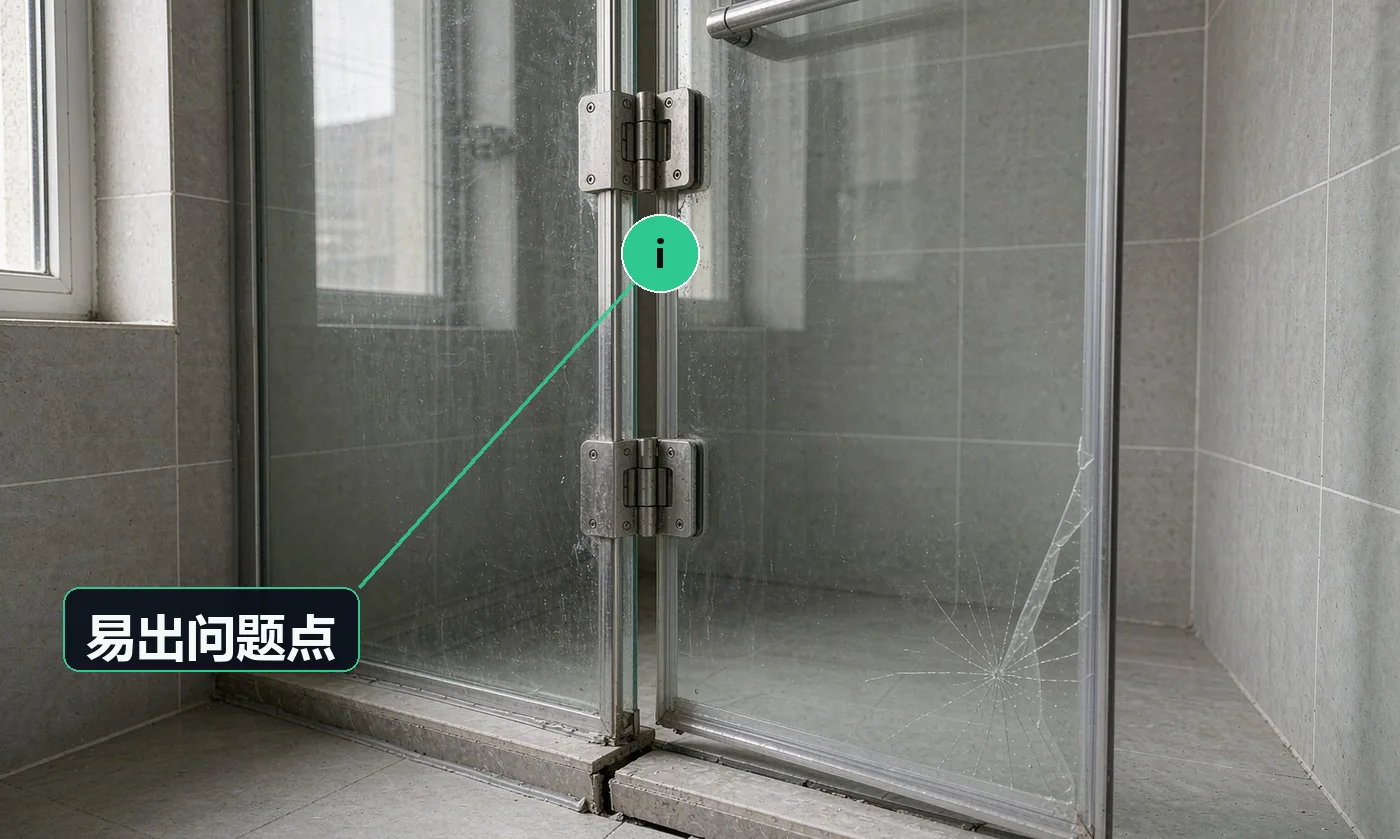 易出问题点:尺寸误差导致底部渗水到楼下,返修要拆砖重做防水;玻璃未贴防爆膜,自爆后存在人身安全风险