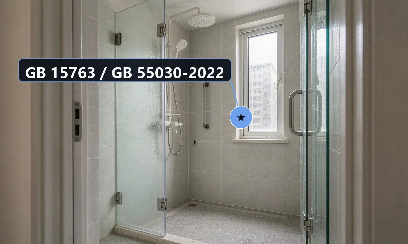 底线规范:GB 15763.2《建筑用安全玻璃 第 2 部分:钢化玻璃》—— 淋浴房玻璃必须为钢化安全玻璃且有 3C 标识(以现行有效版本为准);GB 55030-2022《建筑与市政工程防水通用规范》—— 强制性工程建…