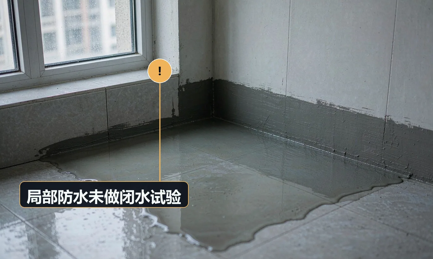 现象:做完防水直接贴砖,之后发现楼下渗水。原因:赶工跳过闭水;蓄水高度或时间不足;未查看楼下