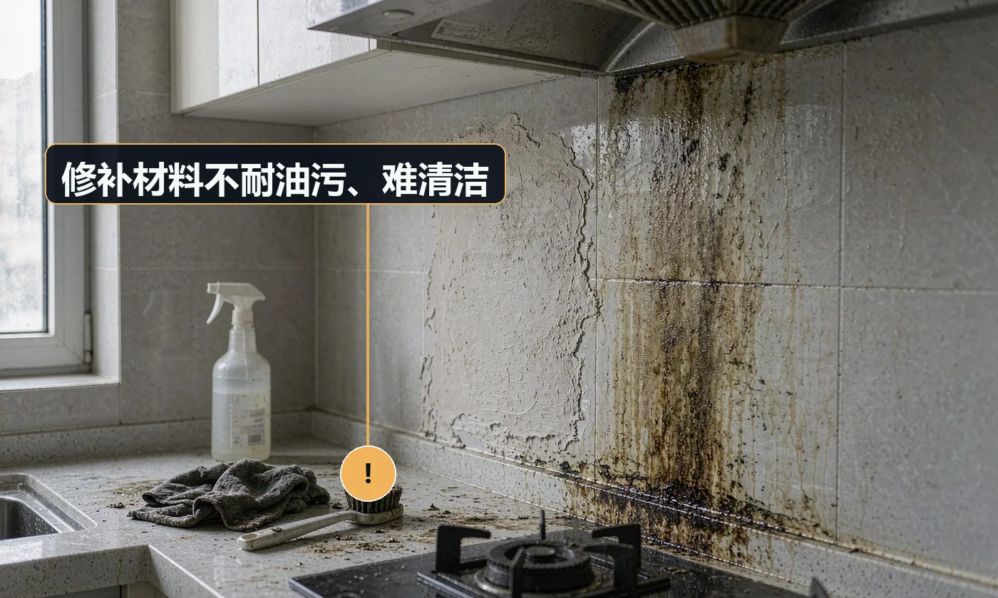 现象:补过的墙面很快吸附油污,擦不干净。原因:使用了普通内墙腻子与涂料,不适合厨房环境