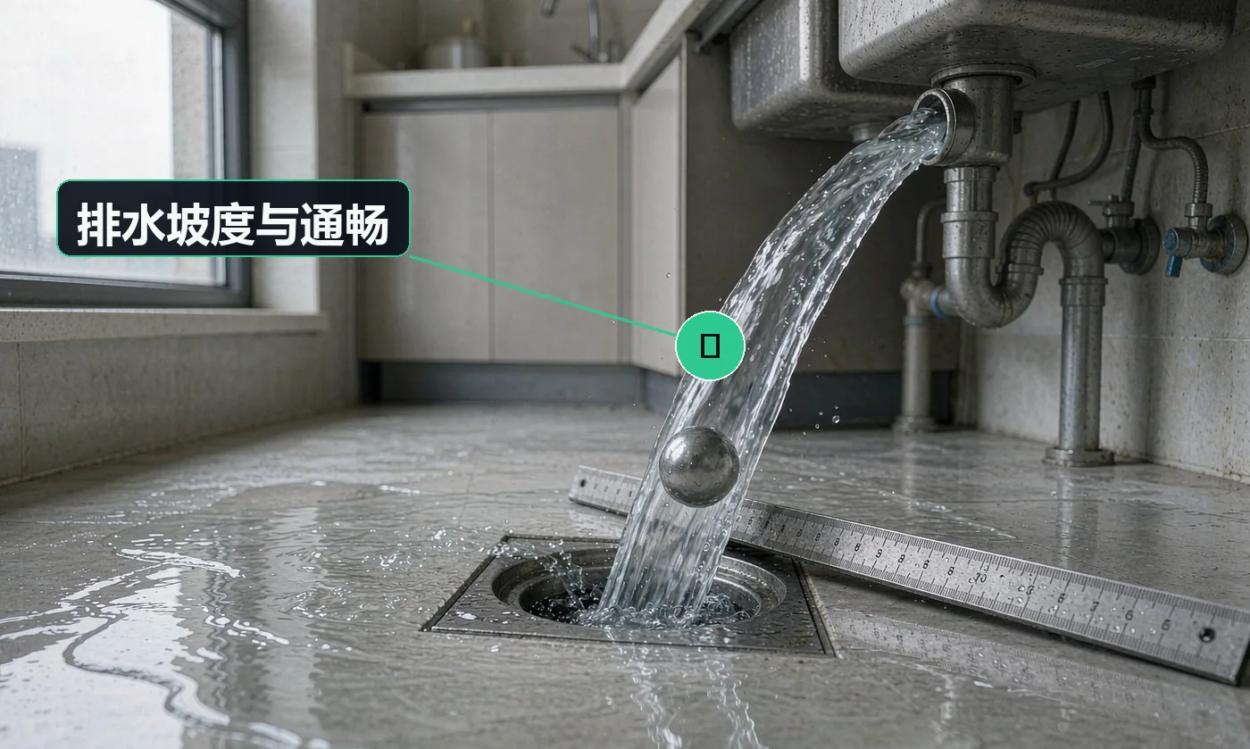 检查方式:坡度尺 + 满水快排 + 通球试验。合格标准:坡度 ≥1% 且顺直;排水顺畅、无返溢、无异物残留