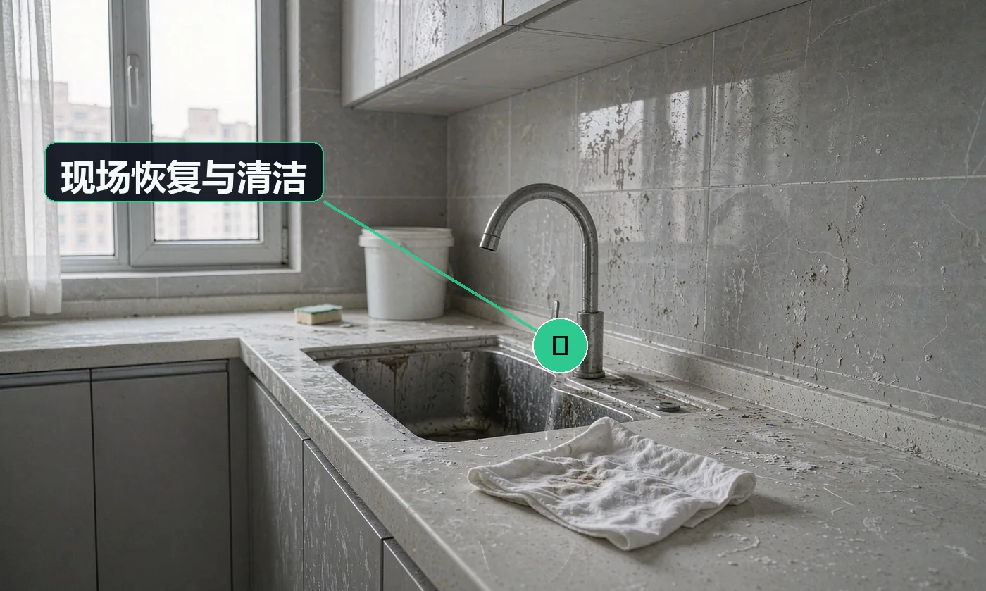 检查方式:目视 + 白布擦拭。合格标准:无粉尘残留、垃圾清运,临时水电恢复,基本生活条件可用