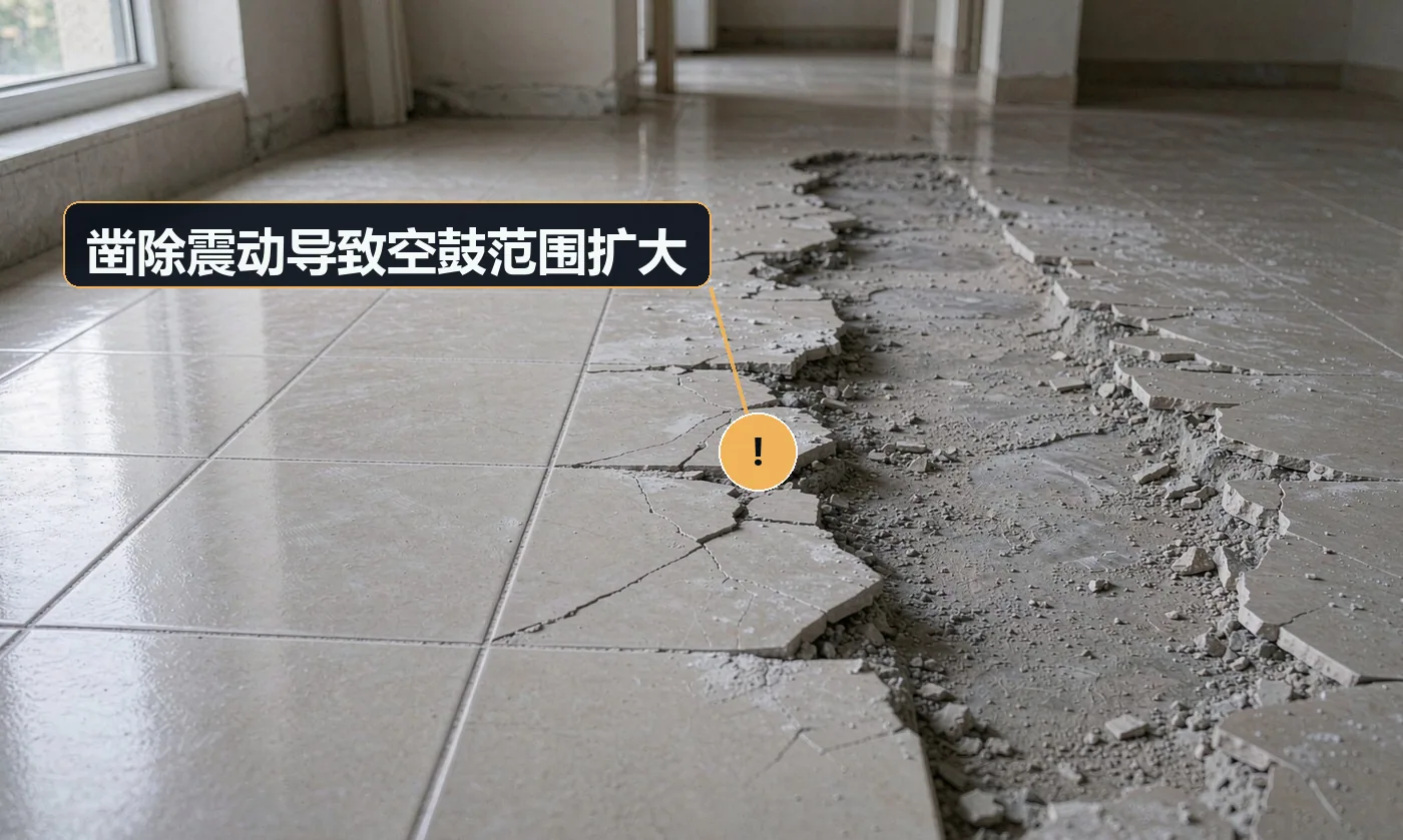 现象:本来只修两块砖,凿开后旁边一圈也松了,越修越大。原因:直接用大功率电锤敲砸;未先用切割机切出边界;原有铺贴本身已局部空鼓