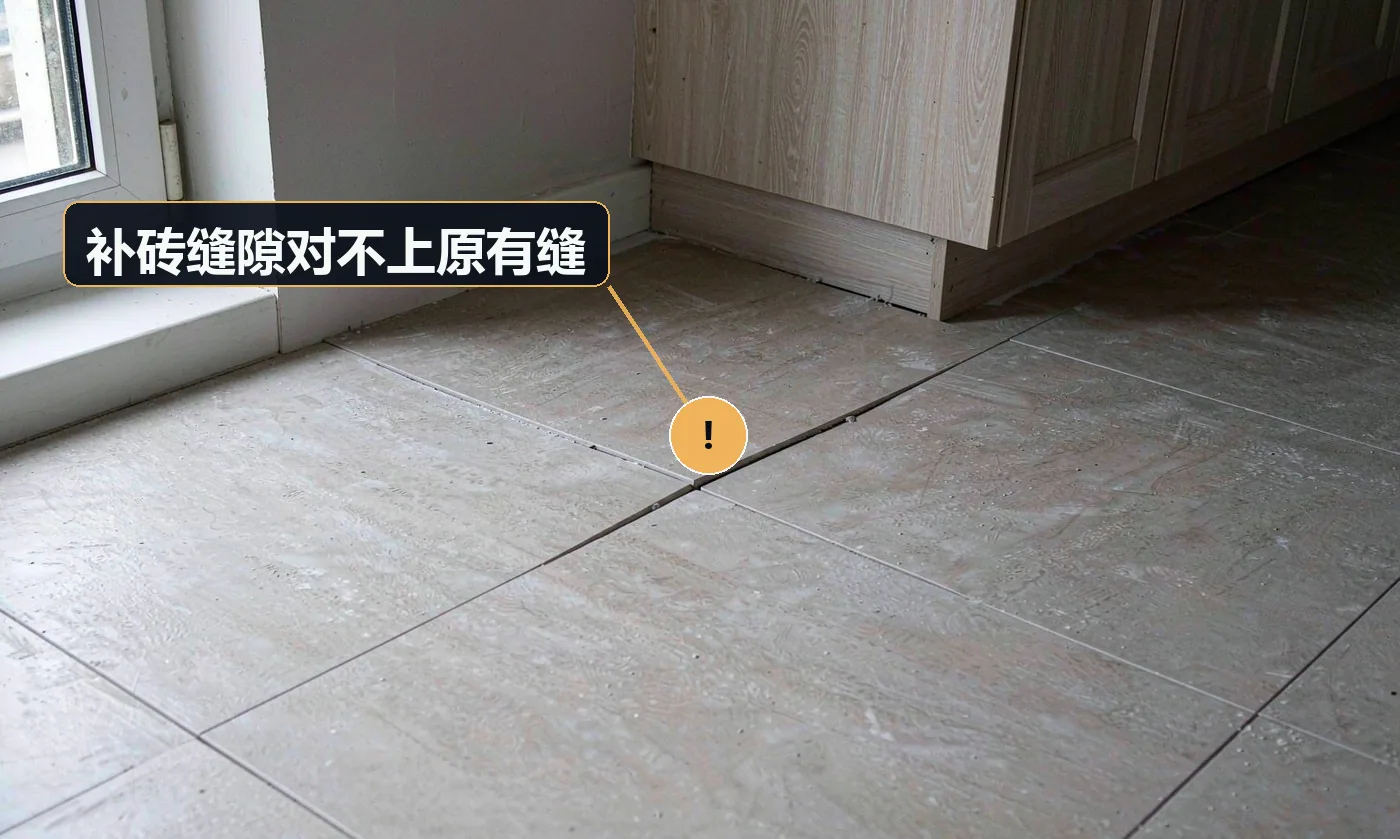 现象:新砖的缝比原有的宽或窄,整体错位。原因:未按原有缝宽用十字卡;排版未对齐原有基准线