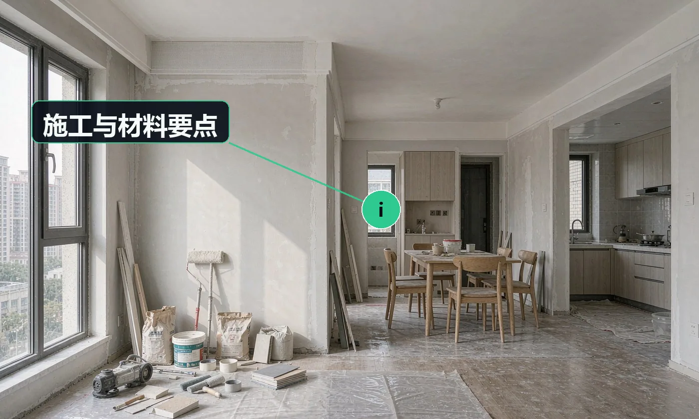 施工与材料要点:零星施工卖的是「省心」,不是单价——先把施工范围写清楚再开工;新老交接处要「过渡」而不是「拼接」,打磨与补缝不能省