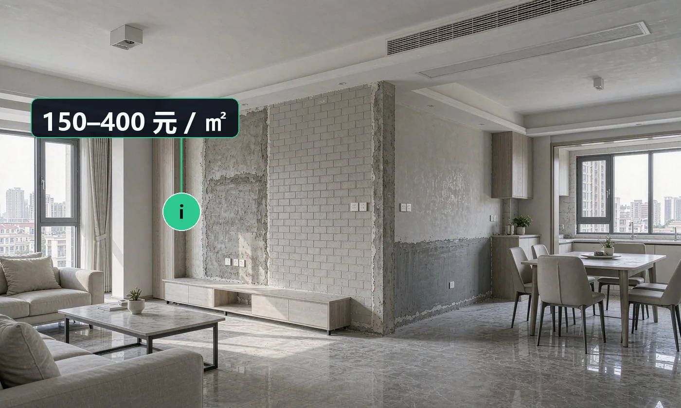价格区间:墙面补砖 150–400 元 / ㎡;墙面修补 30–80 元 / ㎡;点位移位 150–400 元 / 项;局部防水 100–180 元 / ㎡
