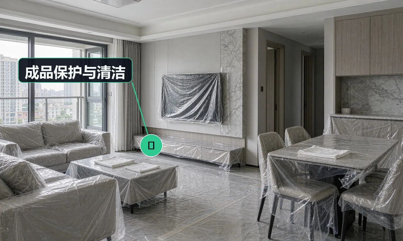 检查方式:目视 + 白布擦拭。合格标准:未施工区域无划伤、无污染、无粉尘残留,垃圾清运干净