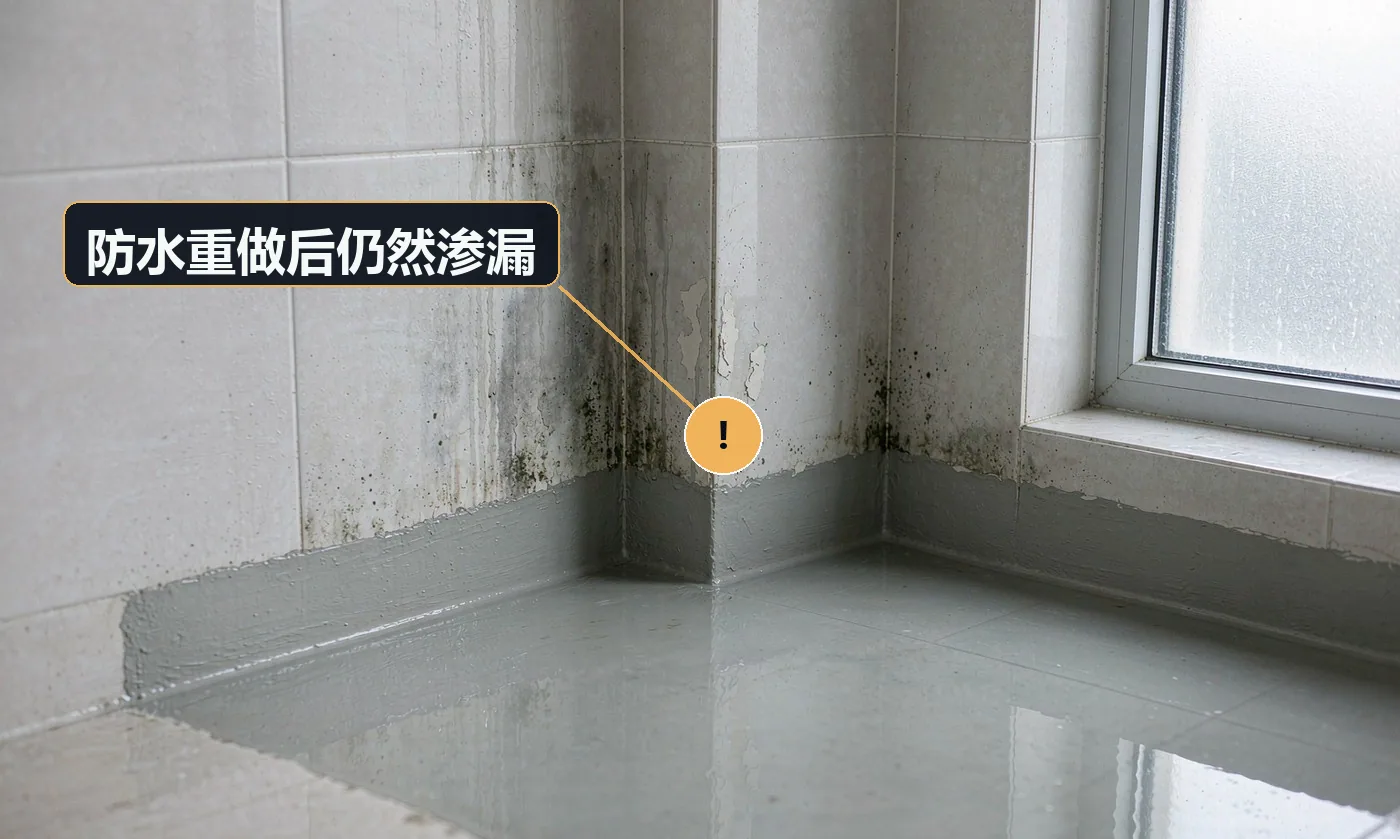 现象:返工两三次,楼下还是渗水,找不到确切漏点。原因:只做局部防水未做整体;基层未处理;管根、地漏、阴角未做附加层;漏点未定位就施工