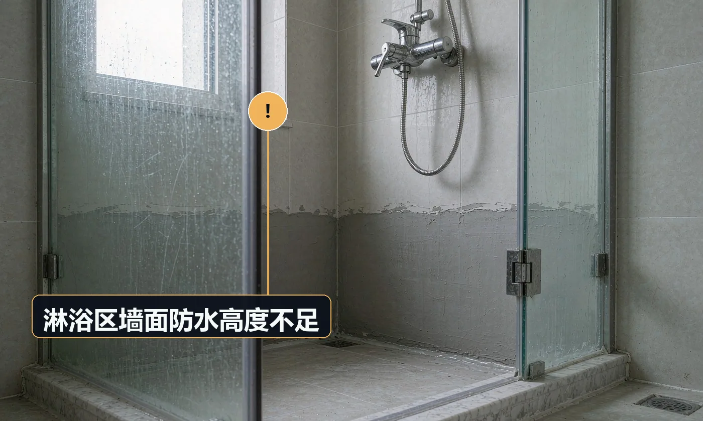 现象:淋浴区背面的墙体或隔壁房间受潮发霉。原因:防水只做到 300mm 或 1200mm,未按淋浴区要求做到墙面上返高度