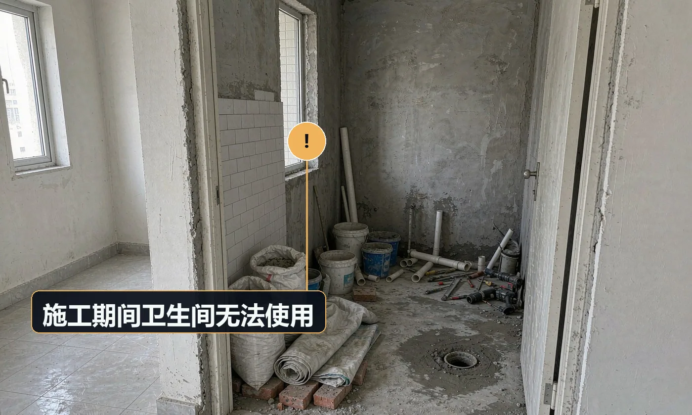 现象:客户家里只有一个卫生间,施工期间完全不能用。原因:未提前规划替代方案;工期拖延;未集中安排连续作业