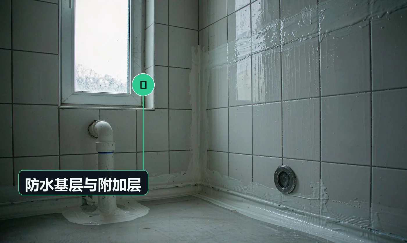 检查方式:目视 + 手摸。合格标准:基层坚实无浮灰、阴角做圆弧;管根、地漏、阴阳角均做附加层