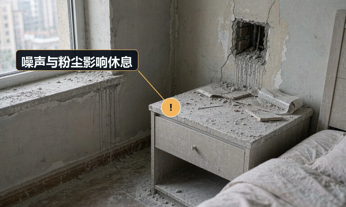 现象:客户投诉太吵,或有老人小孩无法休息。原因:未约定作业时段;未使用低噪工具;连续作业无间歇