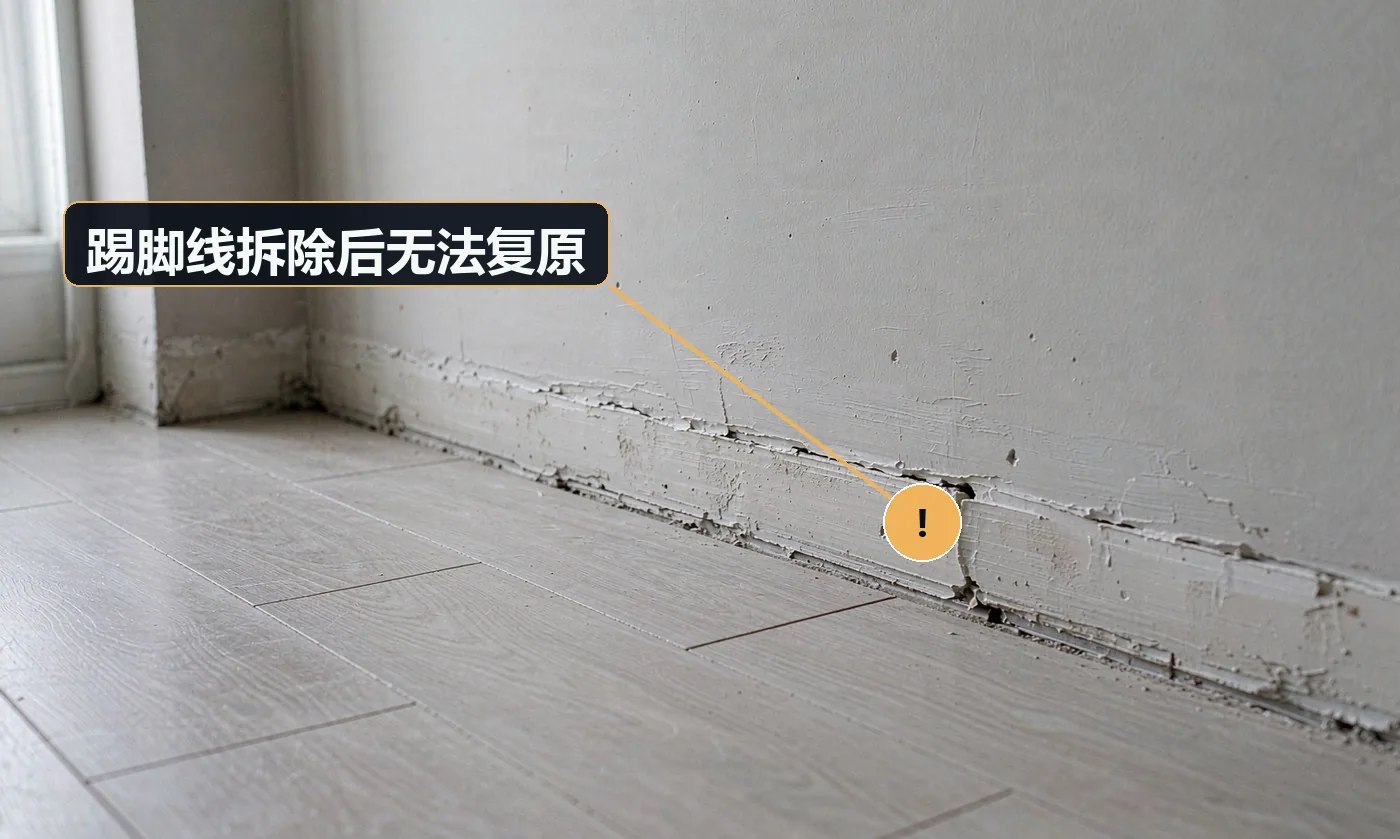 现象:拆掉踢脚线发现同款买不到,只能整圈换新。原因:未提前确认可补性