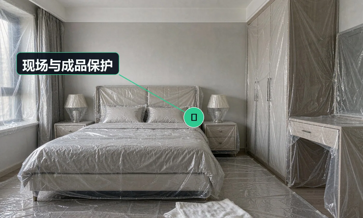 检查方式:目视 + 白布擦拭。合格标准:家具、床品、地面无粉尘污染;未施工饰面无损伤