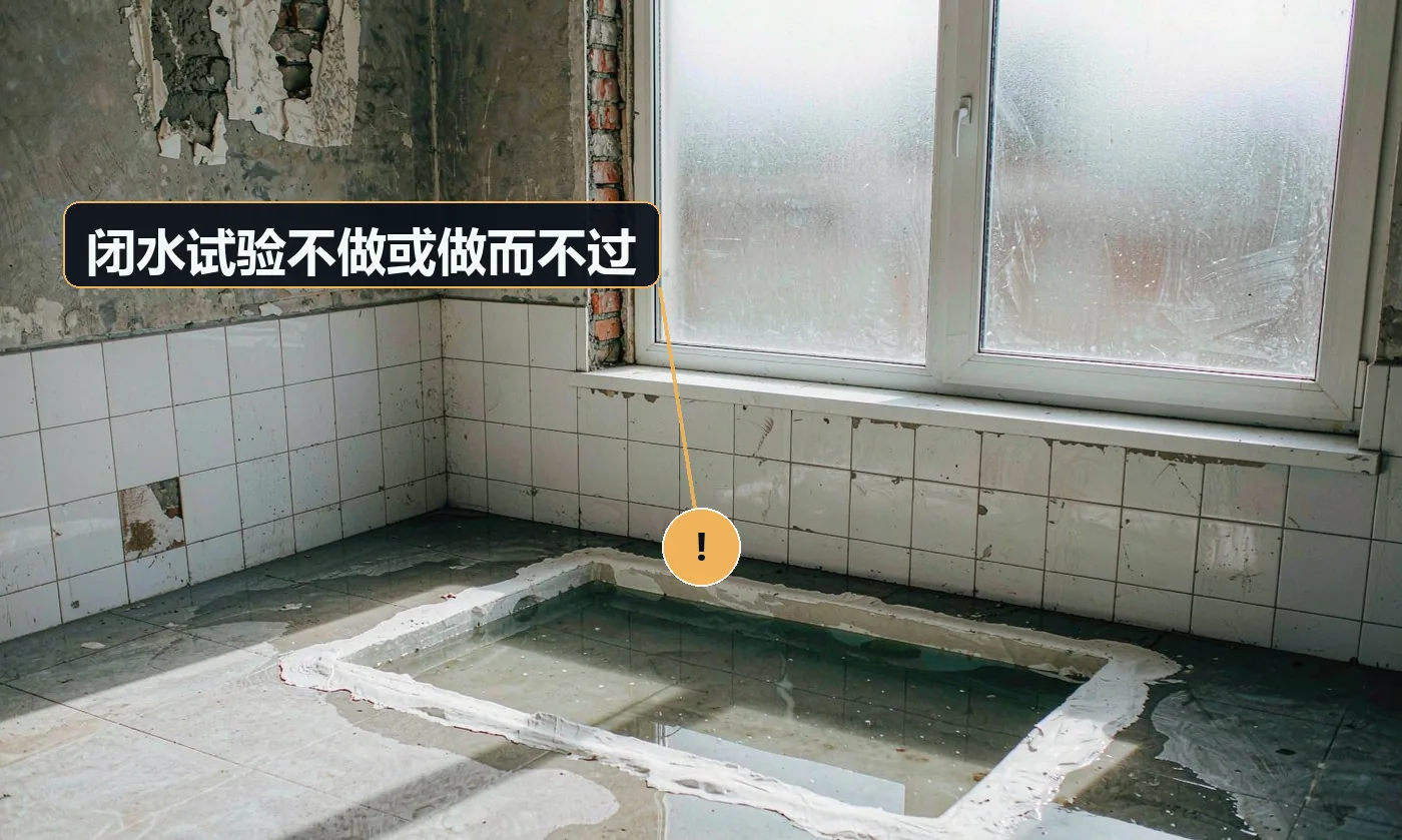 现象:防水做完直接铺砖,后来才发现楼下渗水。原因:赶工期跳过闭水;做了闭水但未查看楼下;蓄水高度或时间不足