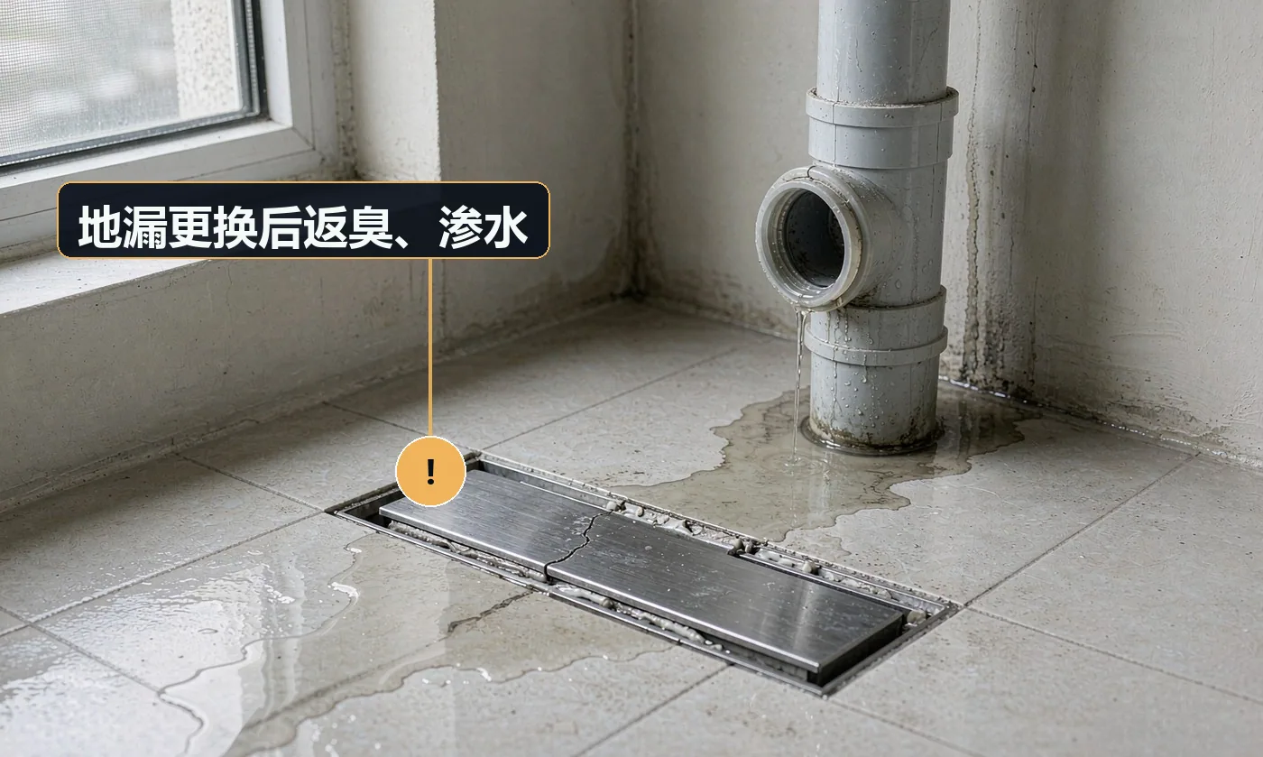 现象:换了新地漏反而有下水道味,或地漏周边渗水。原因:未在地漏周边做防水附加层;使用普通地漏而非防臭型;周边密封不严;地漏与管口错位
