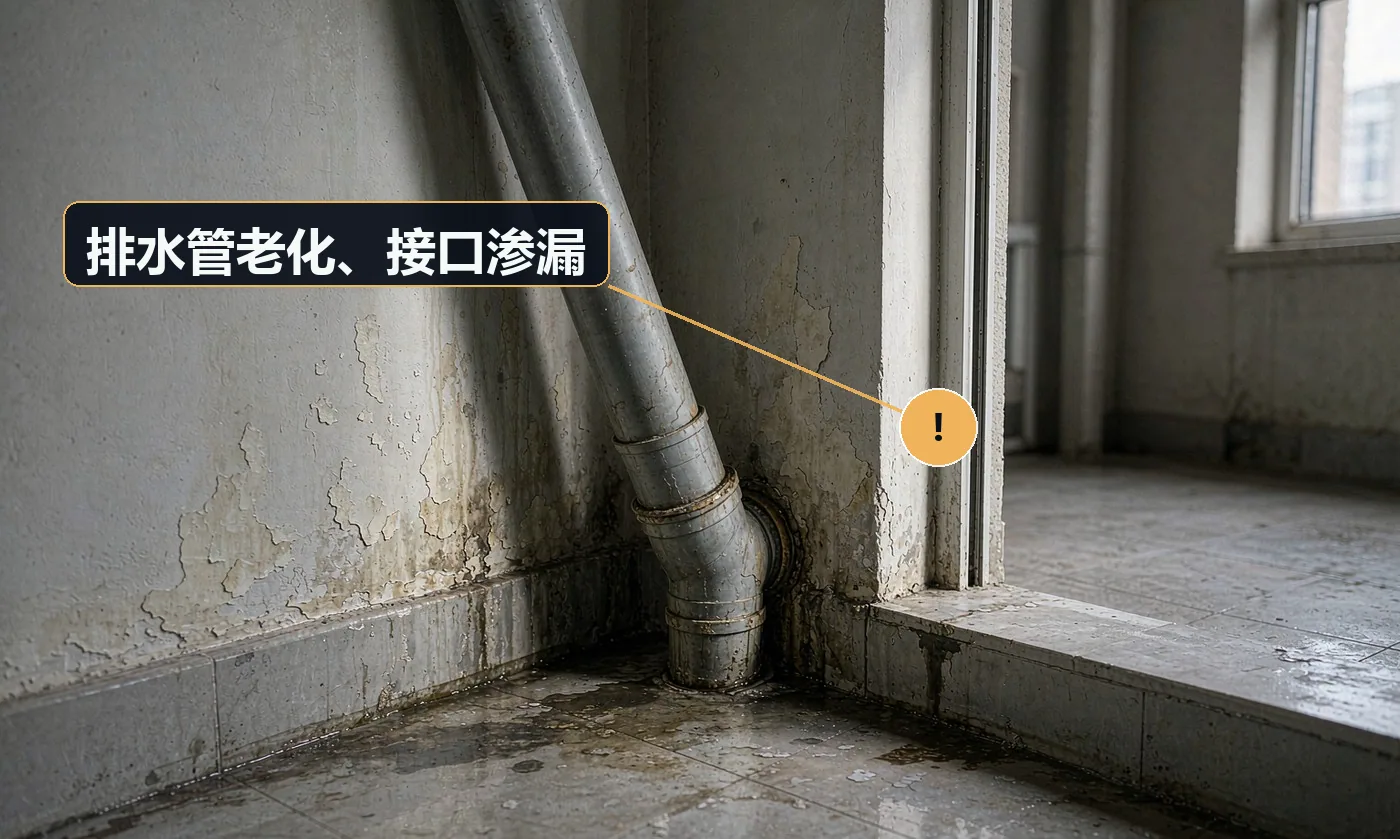 现象:阳台上下水管接口处渗水,墙脚发霉。原因:旧管材老化未更换;接口密封件失效