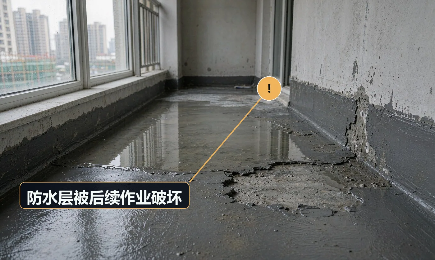 现象:做完防水后其他工种进场,防水被踩坏或划破。原因:无保护层;未做工序交底