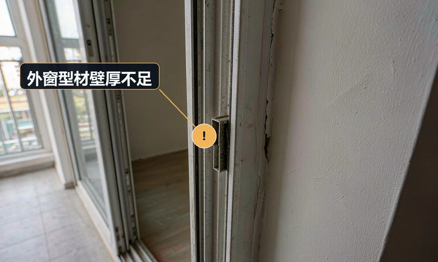 现象:窗框在风大时有晃动感,长期使用可能变形。原因:使用非标薄壁型材;未按 GB/T 8478-2020 要求采购